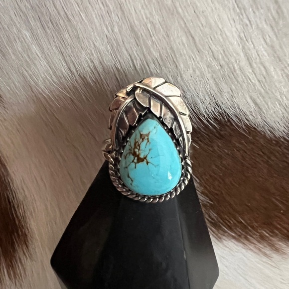 ❤️ Kingman Turquoise Statement Sterling Navajo Style Feather Leaf Ring Sz 7.5 - Picture 4 of 16
